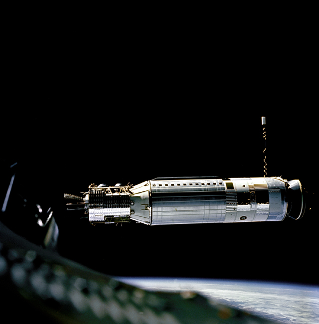 Photo of Agena in Earth orbit prior to docking by Gemini VIII.